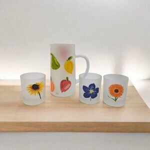 Dartington Spring Time Flowers Frosted Rocks Glass Pitcher & 3 Cups France